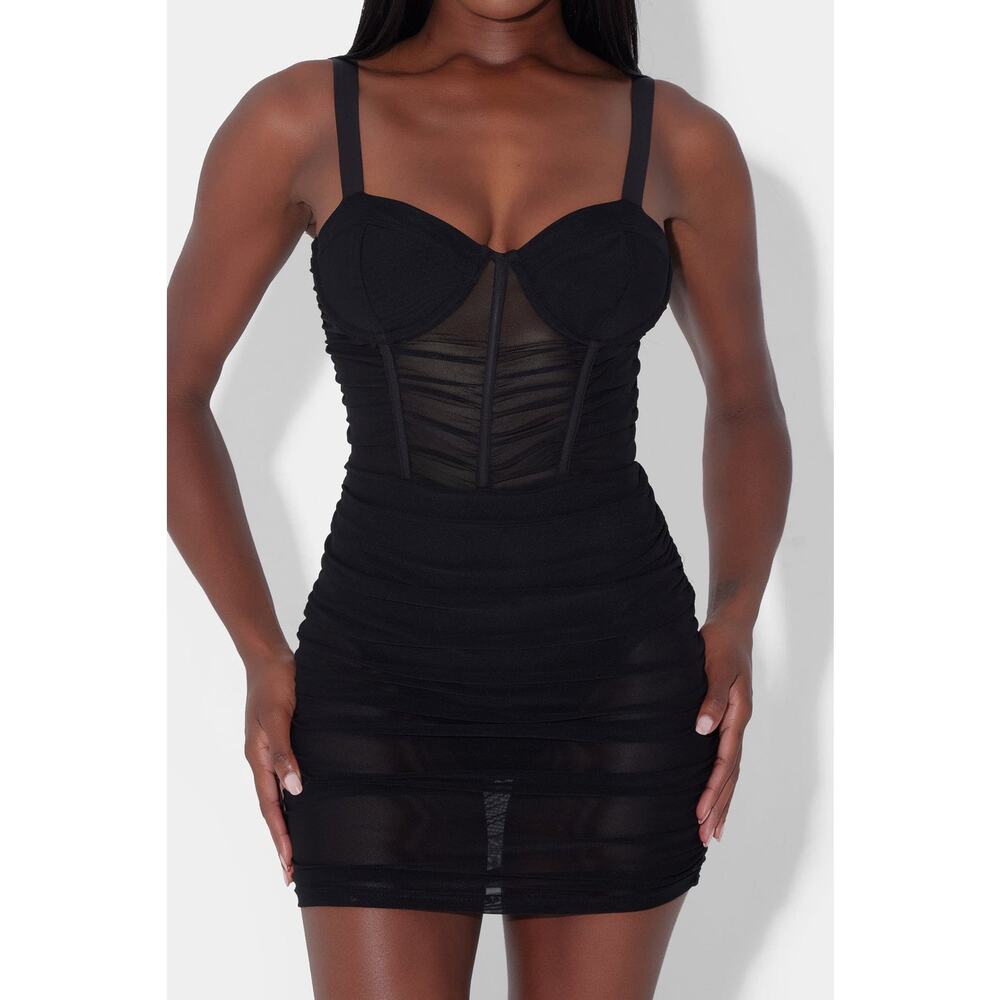 LEAU Women's Black Sheer Stretch Bodice Corset Miami Mesh Mini Dress Small